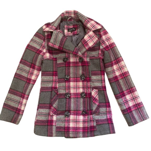 RUE 21 PINK/GRAY PLAID WOOL BLEND PEA COAT SMALL - Picture 1 of 9